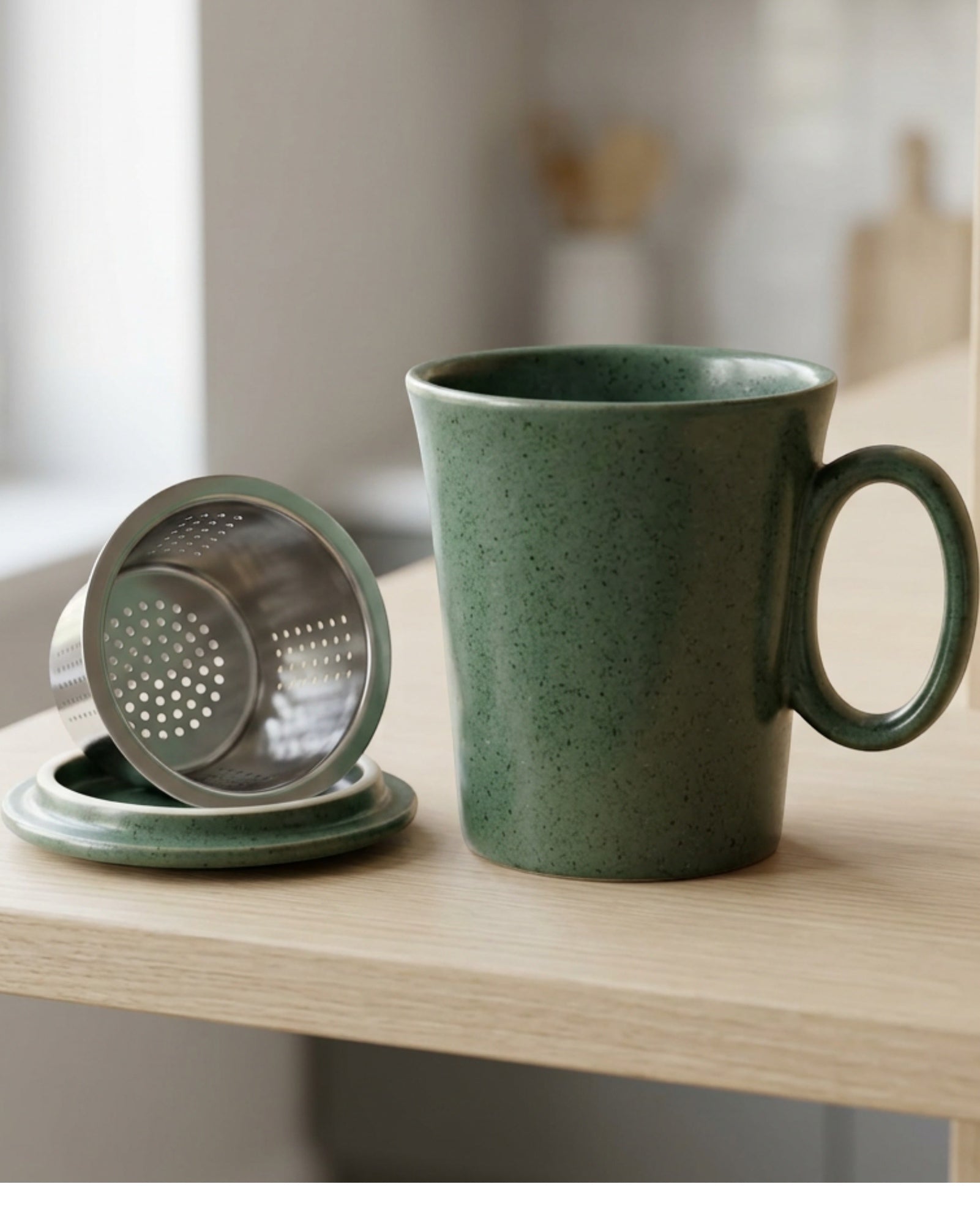 Ymvbf Flared Ceramic Tea Mug with Round-Hole Infuser and Lid 15 oz Forest Cream - Lifestyle view