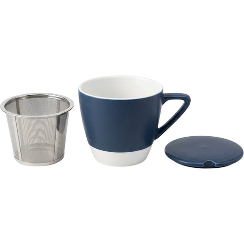 Ymvbf Tapered Ceramic Tea Cup with Mesh-Panel Infuser and Lid 11 oz Navy White - Product view